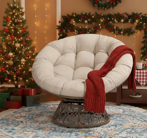 Miniatura 8 de Bme Silla Papasan ergonómica de mimbre de 40 pulgadas con cojín y marco suaves y gruesos, giro de 360°, círculo, lectura, silla cómoda para sala