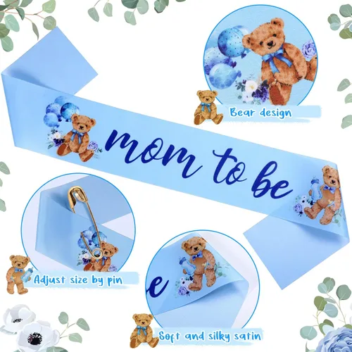 Miniatura 4 de Tiamon Banda temática de oso para baby shower, baby shower, diadema con corona de flores para revelaciones de género, fiesta de baby shower, Azul