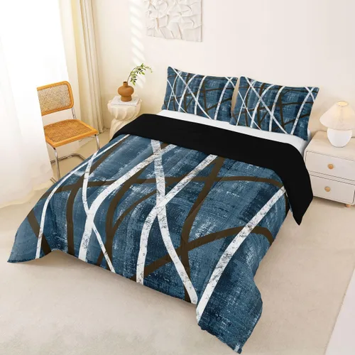 Miniatura 5 de Erosebridal Edredón azul marino tamaño individual, juego de ropa de cama a rayas de acuarela para adultos, relleno interior de edredón geométrico