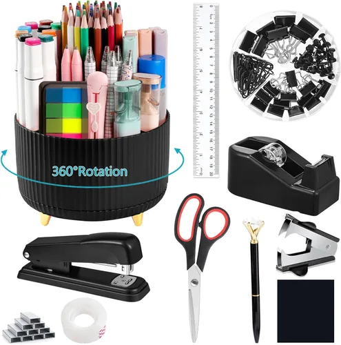 Miniatura 15 de Suministros de oficina, accesorios de escritorio negros, juego de suministros de oficina, juego de grapadora y dispensador de cinta, tijeras