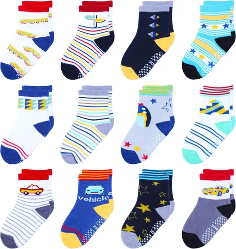 Miniatura 10 de 12 paquetes de calcetines antideslizantes para niños y bebés con agarre para niños de 1-7 años, calcetines de algodón de tripa para niños y niñas