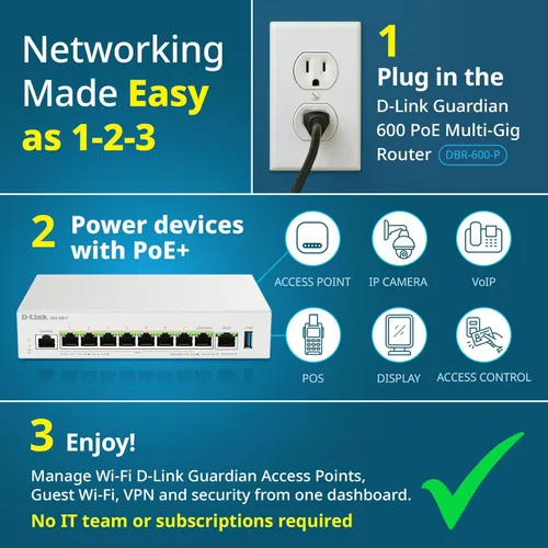 Miniatura 11 de D-Link Guardian 600 PoE Multi-Gig Business Router (DBR-600-P), enrutador premium con conmutación por error Multi-WAN, cortafuegos SPI, LAN PoE+ de 8