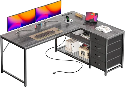Miniatura 19 de PRAISUN Escritorio en forma de L de 53" con tomas de corriente y puerto USB-C, escritorio reversible de esquina para computadora de oficina con 4