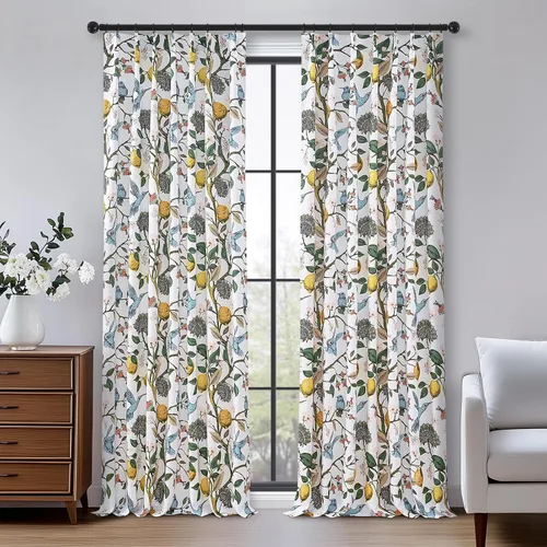 Miniatura 23 de Cortinas beige para cocina, 36 pulgadas de largo, diseño floral botánico de limón y colibrí, cortinas plisadas para oscurecer la habitación