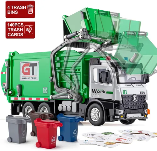 Miniatura 2 de HAPYAD Camiones de basura de juguete con cabina de metal, juguetes realistas de camiones de basura para niños con luces y sonidos, vehículos