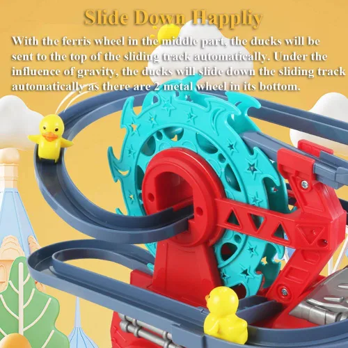 Miniatura 4 de Juguete deslizante de motor de bomberos 2 en 1 para niños – Juego interactivo para niños pequeños con música, luces, pista de carreras y noria