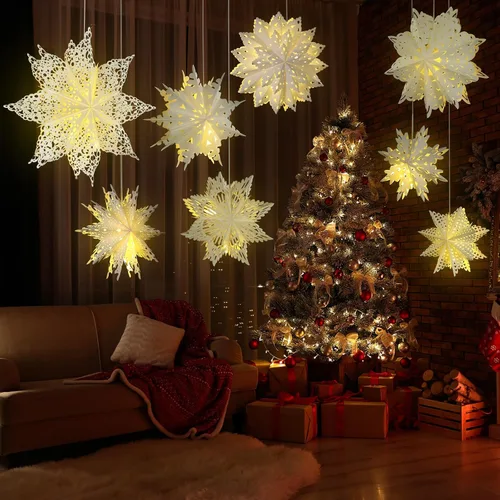 Miniatura 8 de Mudder 10 piezas de linterna de papel copo de nieve, linterna de papel estrella con 14 luces LED, lámpara de papel, decoración colgante de fiesta