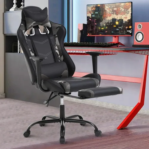 Silla para videojuegos, silla reclinable de piel sintética con soporte lumbar, reposacabezas y respaldo alto, silla de oficina de carreras, silla de