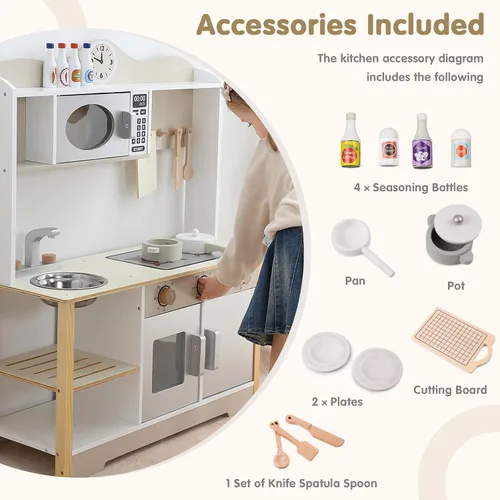 Miniatura 6 de Juego de cocina para niños, juguete de madera para niños con 12 piezas de accesorios de comida y utensilios de cocina, juego de cocina para niños