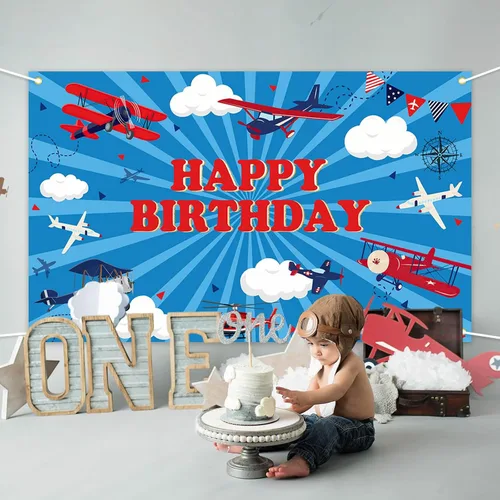 Miniatura 6 de Avezano Telón de fondo de feliz cumpleaños de avión para niños, decoración de fiesta de cumpleaños de avión, pancarta temática de moscas de cielo