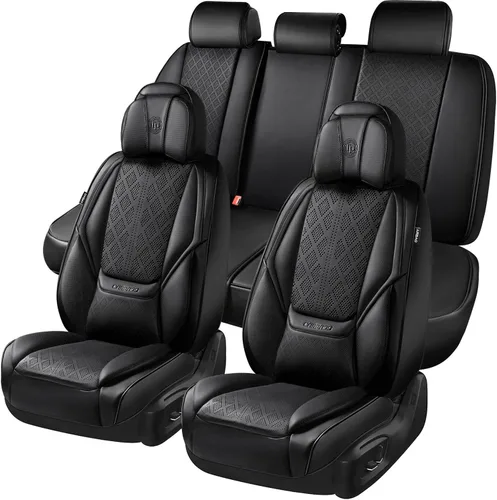 CAR PASS Fundas de asiento de automóvil de piel de napa para 5 asientos, soporte lumbar de lujo, impermeables, transpirables, duraderas, todas las