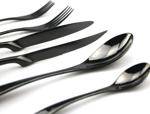 Miniatura 3 de JASHII Juego de cubiertos de acero inoxidable 18/10 de 24 piezas, color negro pulido con espejo, cuchillo para carne, tenedor de ensalada, cuchara