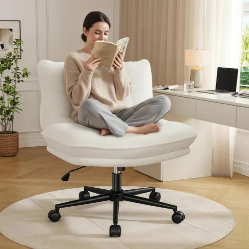 Miniatura 8 de DurayLoly Silla cruzada sin brazos con asiento de 27.6 pulgadas de ancho para sentarse con patas cruzadas, silla de escritorio reclinable de forro