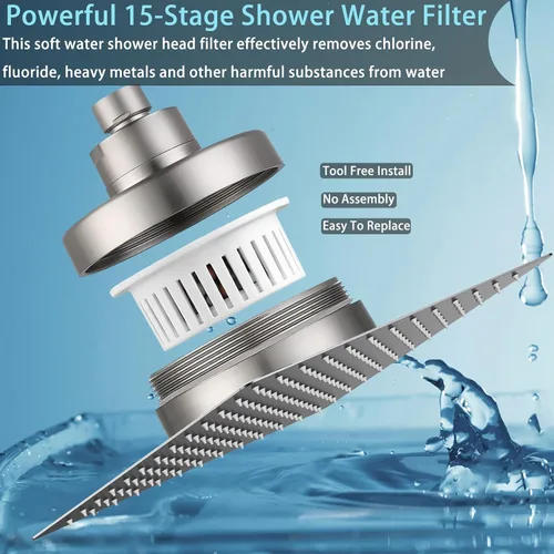 Miniatura 2 de Cabezal de ducha filtrado, cabezal de ducha de alta presión de acero inoxidable con cartucho de filtro de agua dura de 15 etapas para eliminar