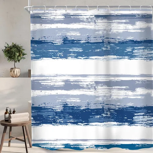 Miniatura 22 de KOMLLEX Cortina de ducha abstracta azul para decoración de baño, 72 pulgadas de ancho x 72 pulgadas de alto, moderna, a rayas blancas y grises