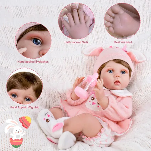 Miniatura 5 de Aori Reborn Baby Doll - muñeca de niña realista de 22 pulgadas con set de conejitos, seguro para niños de 3 años Rosa