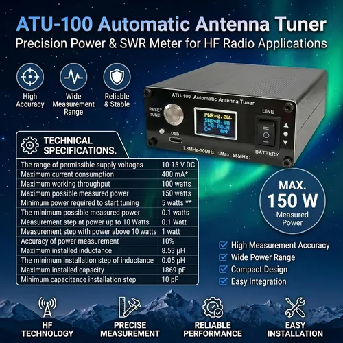 Miniatura 2 de V3.2 ATU-100 EXT - Sintonizador automático de antena para radioaficionado, 1.8-55 MHz, sintonizador SWR bajo, diseño compacto, funciona con equipos