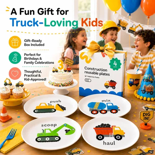 Miniatura 8 de Tiny Expressions - Placas de construcción para niños pequeños - Juego de 4 platos de melamina para niños - Excavadora, mezcladora de cemento