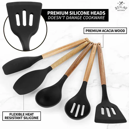Miniatura 2 de Zulay Kitchen Juego de utensilios de cocina antiadherentes con auténticas asas de madera de acacia, juego de utensilios de cocina de silicona