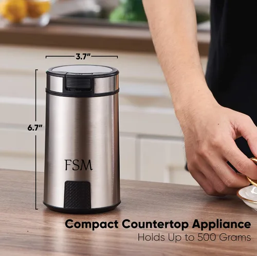 Miniatura 9 de FSM Molinillo de café eléctrico y molinillo de especias con sistema de bloqueo de seguridad, acero inoxidable con tapa transparente y base