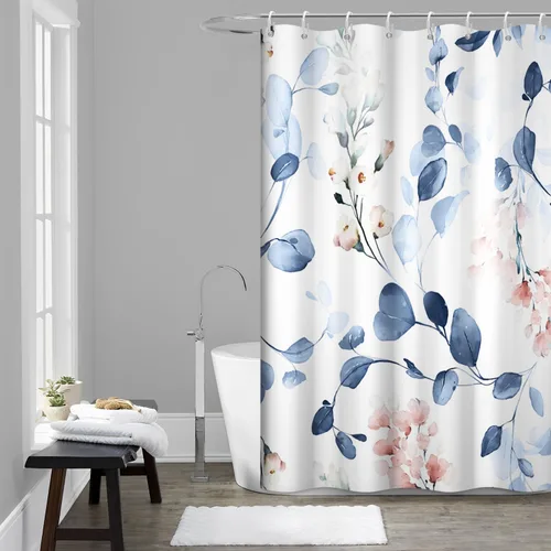 Miniatura 15 de Cortina de ducha pequeña de eucalipto azul acuarela, juego de cortinas de ducha pequeñas impermeables con diseño floral de primavera con ganchos, 36