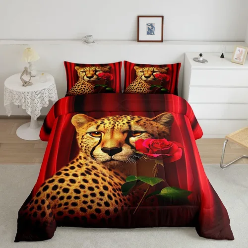 Miniatura 22 de Erosebridal Juego de ropa de cama de guepardo con rosa azul, juego de edredón con estampado de leopardo y gato, edredón romántico de plumón