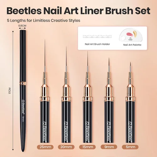 Miniatura 2 de Beetles - Pinceles delineadores para uñas 5 unidades - Pinceles metálicos para arte de uñas, pinceles negros para arte de uñas, tamaños 5/9/15/20/25