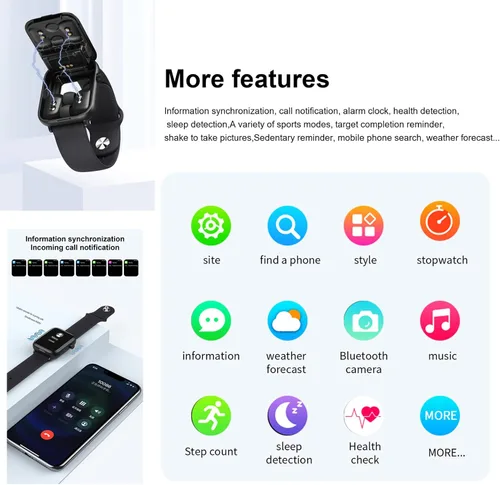 Miniatura 6 de Tuanzi X8S Reloj inteligente 2 en 1 con audífonos, TWS, Bluetooth, monitor de salud, reloj deportivo, rastreador de actividad (X8S-negro)
