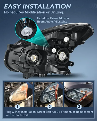 Miniatura 8 de Ensamble de faro Nilight compatible con Nissan Rogue 2008 2009 2010 2011 2012 2013 2014 2015 Select, lámparas de repuesto con carcasa negra