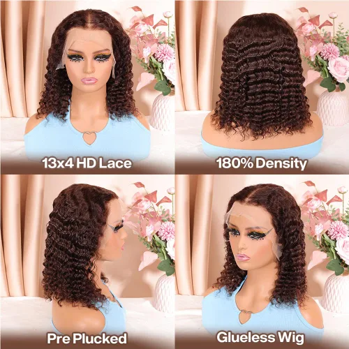 Miniatura 3 de Pelucas de cabello humano rizado marrón chocolate con encaje frontal, prearrancadas de 13 x 4 pulgadas, pelucas de encaje frontal HD de onda