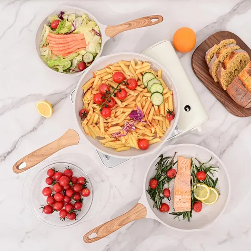Miniatura 9 de JEETEE Sartén antiadherente de 9.5 pulgadas con revestimiento de piedra, utensilio de cocina antiadherente, sartén para tortilla con mango Beige