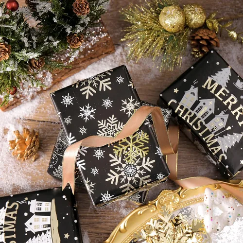 Miniatura 4 de RUSPEPA Juego de papel de regalo de Navidad negro y dorado, mini rollo, papel de regalo navideño con lámina dorada con árbol, copo de nieve y diseño