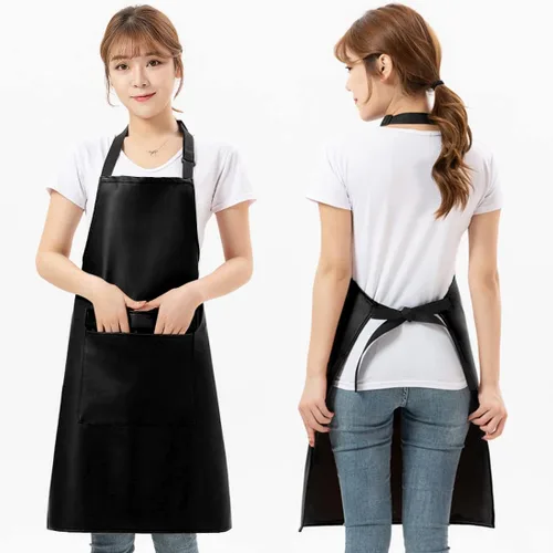 Miniatura 5 de Delantal de cuero de vinilo negro con bolsillos para mujer, impermeable para cocina, cocina, lavavajillas, aseo de perros