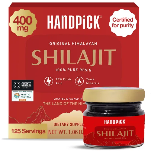 HANDPICK Resina Shilajit pura del Himalaya ultra concentrada de 400 mg | 75% de ácido fúlvico, más de 85 minerales | Sensación masculina, alta