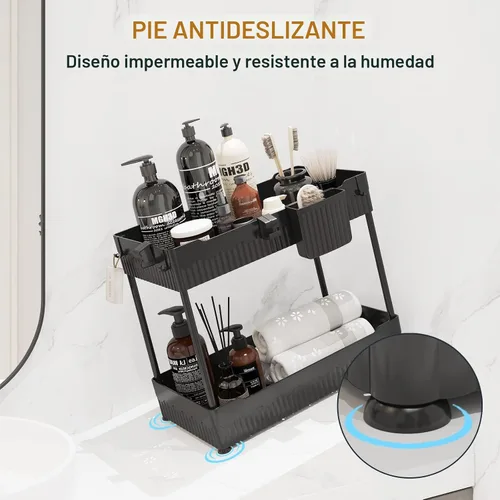 Miniatura 6 de Sevenblue - Juego de 2 organizadores bajo el fregadero, organizador bajo el gabinete del baño con taza colgante con ganchos, estante de Negro