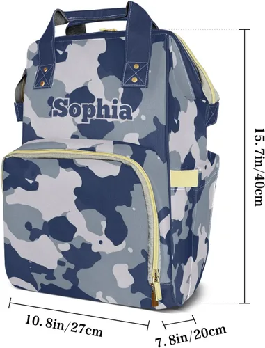 Miniatura 7 de Mochila de pañales de camuflaje azul amarillo con nombre, bolsa multifunción de gran capacidad para mamá, papá, unisex, niño y niña, Diseño 2