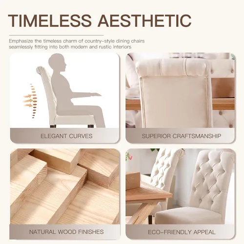 Miniatura 6 de Juego de 2 sillas de comedor, tapizadas Parsons con botones y patas de madera maciza, sillas de cocina de tela moderna para comedor, color beige