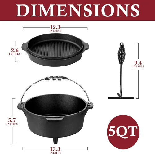 Miniatura 3 de Leonyo Horno holandés de campamento de 5 cuartos con tapa, horno holandés de hierro fundido pre-sazonado con levantador de tapa para cocinar
