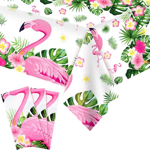 Miniatura 8 de Preboun 3 manteles de verano con diseño de flamenco para fiestas, mantel de plástico tropical hawaiano, 54 x 108 pulgadas, decoración de mesa rosa