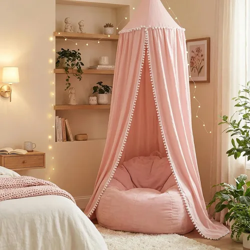 LOAOL Toldo de cama con pompón para niños, cubierta de red para cuna, cortina para cuna, rincón de lectura, tienda de campaña colgante, guardería,