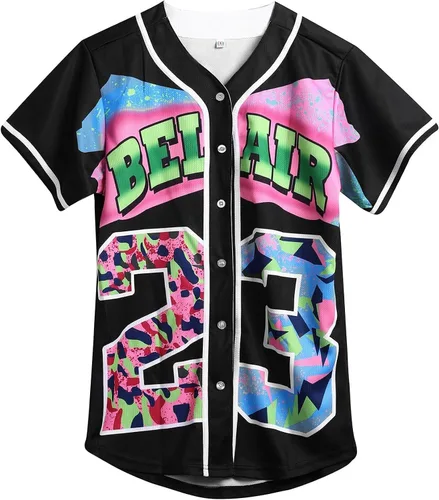 Miniatura 41 de Ropa de los años 90 para mujer, traje unisex de hip hop para fiesta, camiseta de béisbol Bel Air, camisa de manga corta con botones