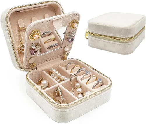 Soddeph Joyero de terciopelo con espejo, mini estuche de joyería de viaje, estuche de viaje de joyería de felpa, pequeño organizador de joyas de