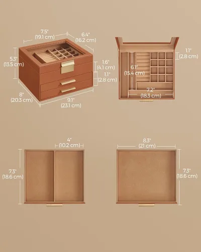 Miniatura 5 de SONGMICS Joyero organizador con tapa de cristal, almacenamiento de joyas de 3 capas, con 2 cajones, estilo moderno, regalo de Navidad, 8 x 9.1 x 5.3