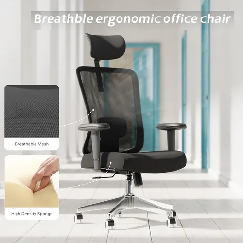 Miniatura 8 de Silla de oficina ergonómica con soporte lumbar ajustable y reposabrazos abatibles, silla de escritorio de computadora de respaldo alto con cojín