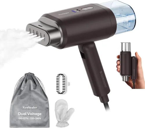 Newbealer Pro Business Travel Steamer, 1200 W de doble voltaje, 6.1 fl oz (marrón) | Foldable & 20s Fast Heat, 360° Anti-Spill Garment Steamer,