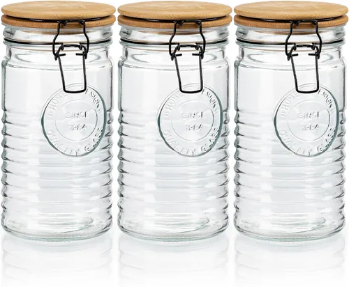 Miniatura 8 de kitchentoolz Tarros de almacenamiento de vidrio con tapas herméticas, juego de 3 recipientes de almacenamiento Mason para cereales, café y arroz