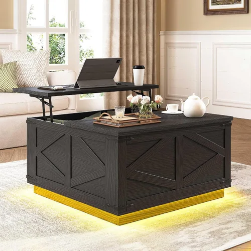 Jocoevol Mesa auxiliar con tapa elevable, mesa central cuadrada de madera con iluminación LED, estación de carga USB-C y compartimento de