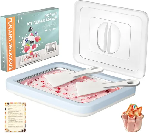 Kit para hacer helados enrollados con tapa, 2 espátulas y guía de recetas - Bandeja de congelación instantánea para helado casero, divertidas Azul