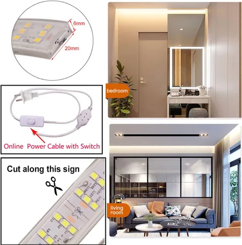 Miniatura 9 de SUYOOULIN Tira de luces LED, AC110V-130V Waterpoof IP68 20 pies/19.7 ft, súper brillante, 42000 lúmenes, 2835, 264 LEDs/m, tira de luces LED Luz
