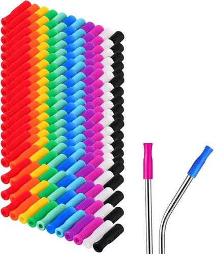 Miniatura 9 de Zhehao 100 piezas de punta de paja de silicona multicolor cubierta de silicona reutilizable punta de metal para 0.236 in de diámetro exterior, acero
